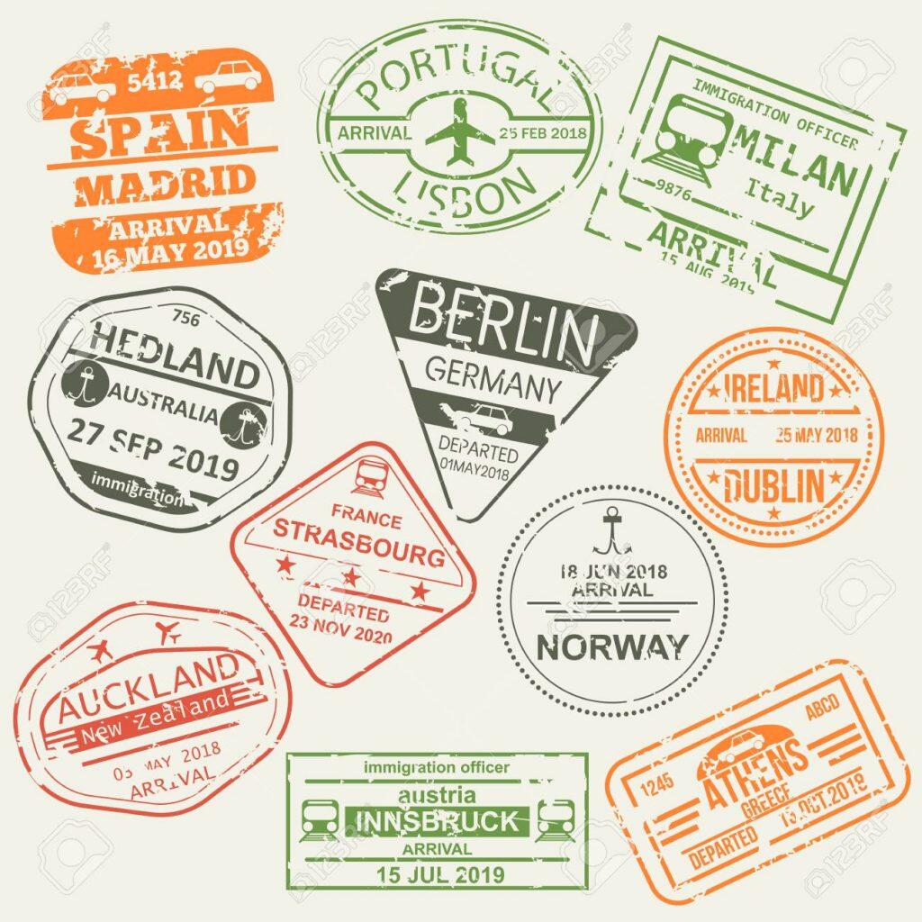 Set van geïsoleerde visa paspoort stempels.