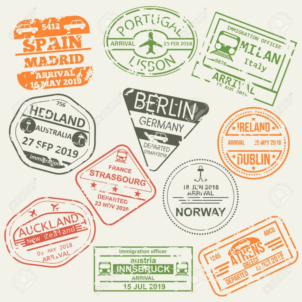 Set van geïsoleerde visa paspoort stempels.